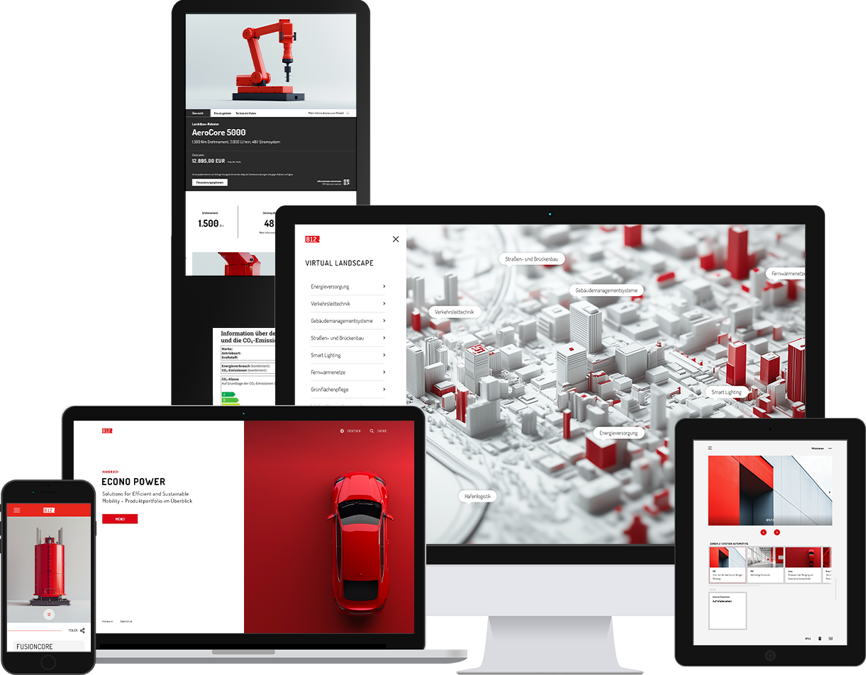 Eine Collage mehrerer Geräte, die Daten anzeigen, welche aus dem B12 Headless CMS bezogen wurden, unter anderem ein Computermonitor, ein Smartphone, ein Tablet und ein digitaler Messeaufsteller. Die Geräte zeigen unterschiedliche Daten an: Einen Fahrzeugsteckbrief, eine schematische Darstellung eines Roboterarms, eine stilisierte virtuelle Stadt-Landschaft, durch die interaktiv navigiert werden kann.