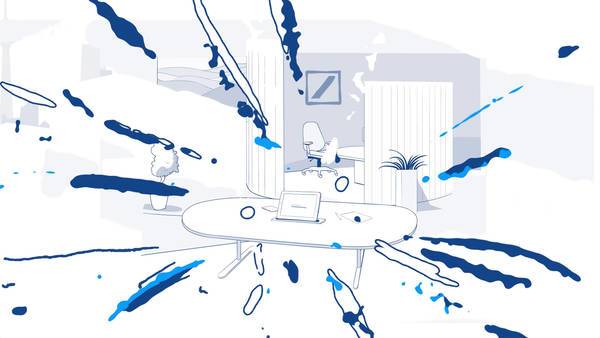 Illustration eines modernen Büros mit explodierenden Farbspritzern.