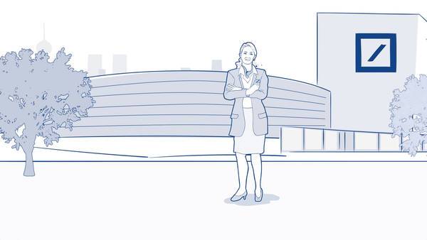 Frau steht vor Firmengebäude mit dem Logo der Deutschen Bank, lächelt selbstbewusst