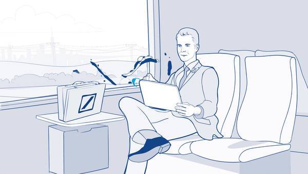 Illustration in Blautönen: Geschäftsmann mit Tablet im Zug vor einer Aktentasche mit Logo der Deutschen Bank.