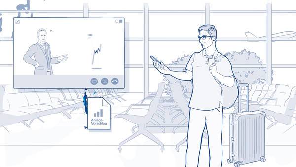 Illustration in Blautönen: Mann mit Smartphone vor digitaler Anzeige im Flughafen.