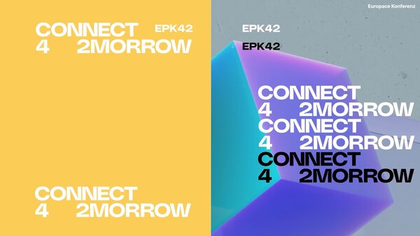 Zweiteilige Grafik: Links orangefarbener Hintergrund mit weißem Schriftzug „CONNECT 4 2MORROW“ und dem Label „EPK42“. Rechts ein schwebender Kubus in türkis und lila und das wiederholte Konferenzmotto in Weiß und Schwarz.