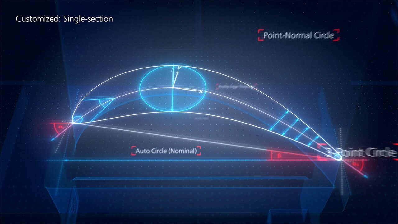Digitale Darstellung eines Schnittprofils mit Bemaßung und Geometrieanalyse.