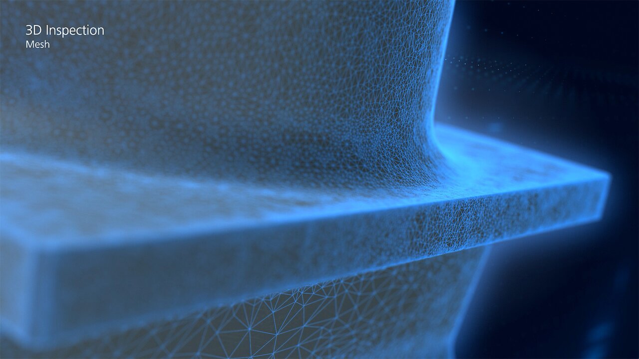 Mesh-Darstellung einer 3D-Oberflächeninspektion mit dem Text „3D Inspection“.