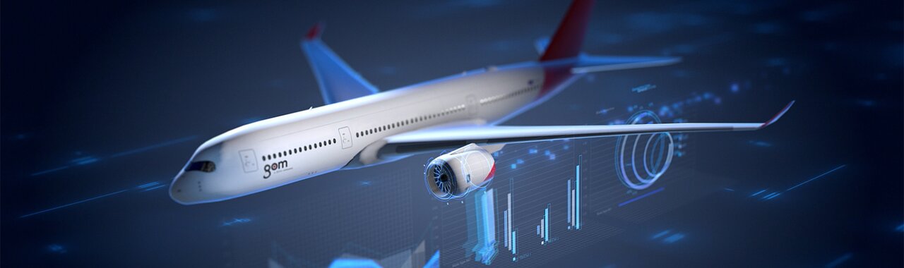 Flugzeug mit digitalen Grafiken im Hintergrund, mit GOM-Logo auf dem Rumpf.