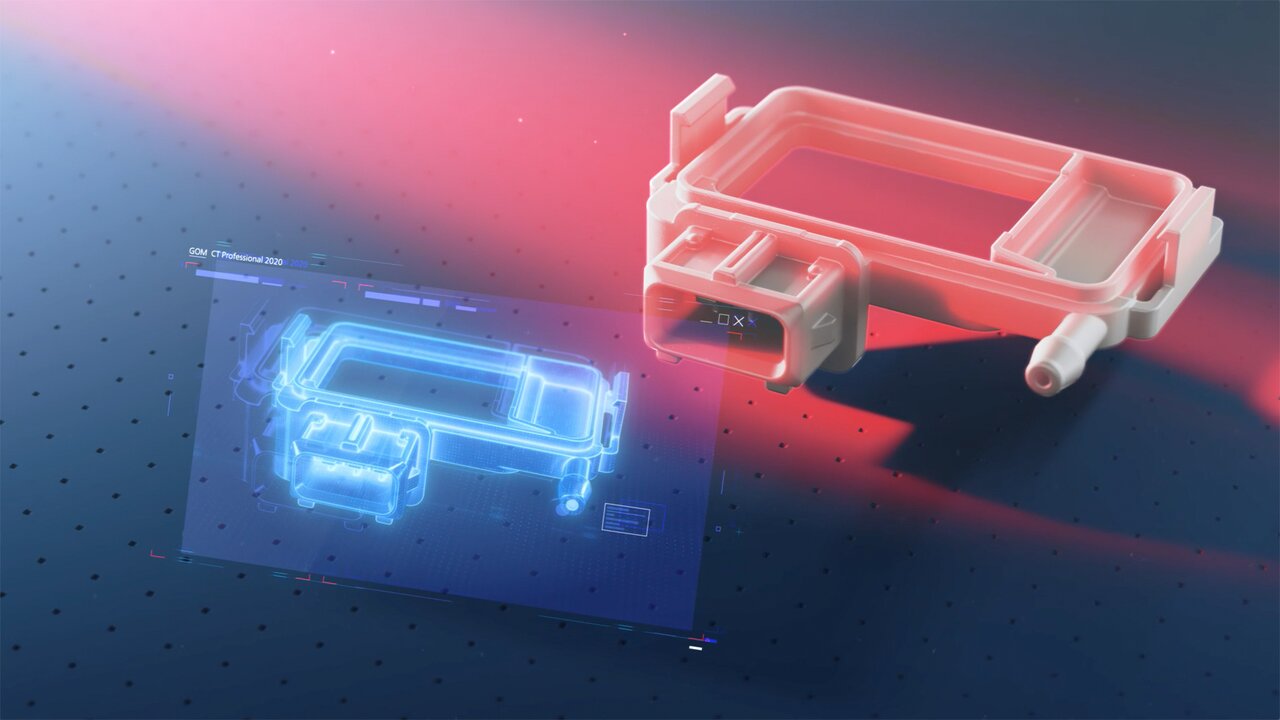 Digitales Zwillingsmodell eines technischen Bauteils mit Scanprojektion.