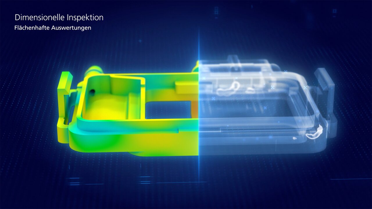 Farbige 3D-Analyse eines Bauteils mit dem Text „Dimensionelle Inspektion“.