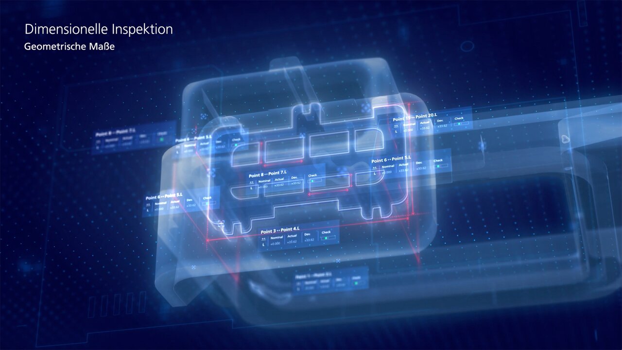 Digitale Darstellung eines technischen Bauteils mit Messpunkten und geometrischen Maßen unter dem Titel „Dimensionelle Inspektion – Geometrische Maße“.