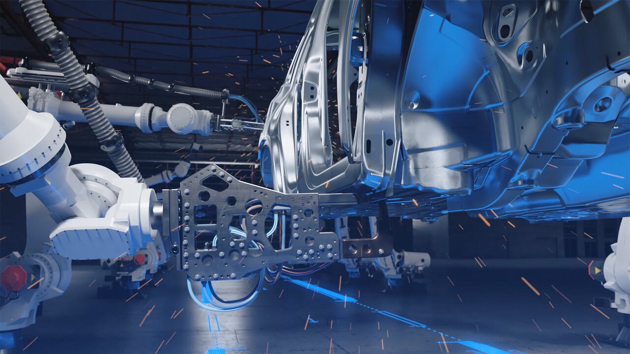 Schweißroboter arbeiten an der Karosserie eines Autos in einer Fertigungslinie.