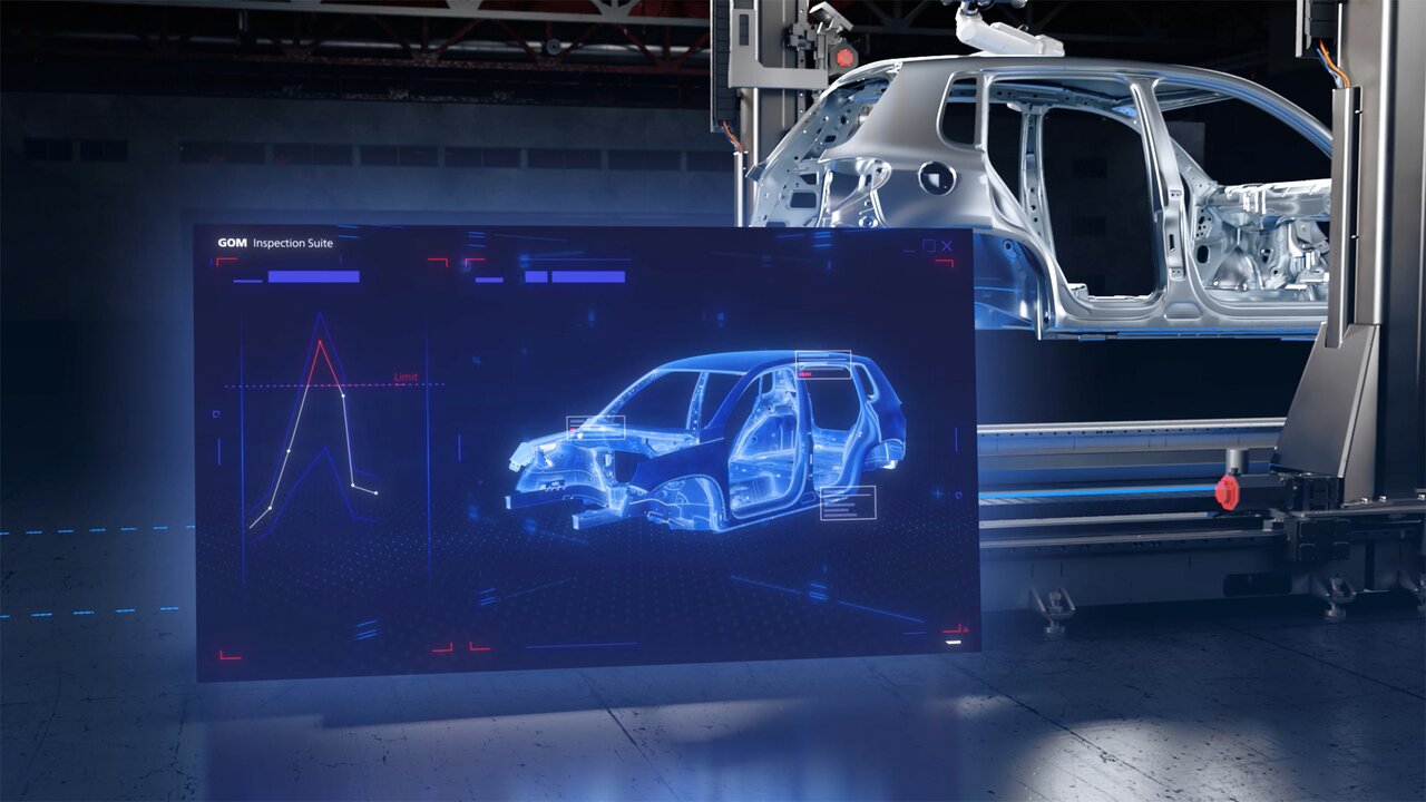 Digitale Analyse einer Fahrzeugkarosserie mit grafischer Auswertung in Software.