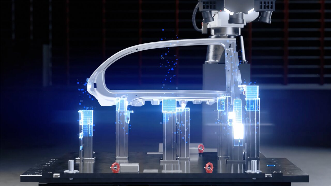 3D-Scanner vermisst ein Bauteil mit digital eingeblendeten Messdaten.