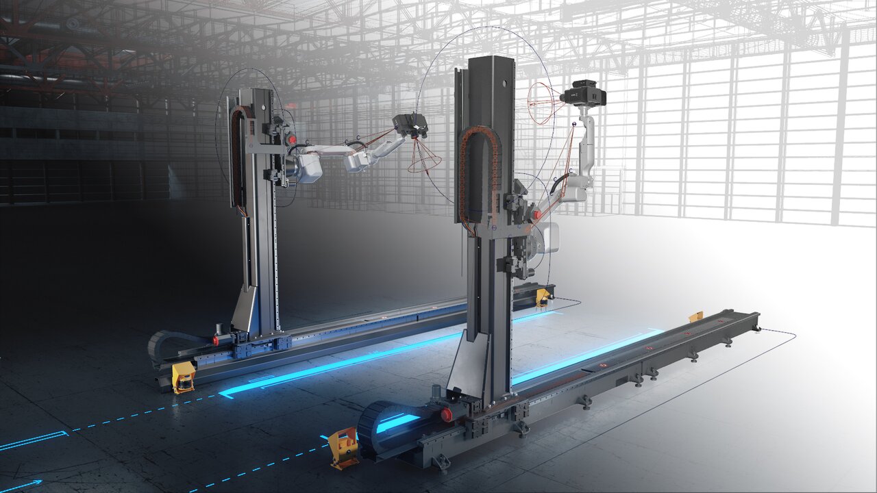 Zwei große Messportale mit Roboterarmen zur Vermessung von Bauteilen.