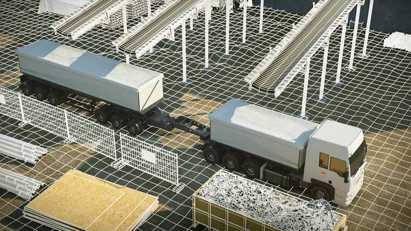 Halb gerenderte Szene mit Gitterlinien: Zweiteiliger LKW fährt durch ein umzäuntes Werksgelände mit Förderanlagen.