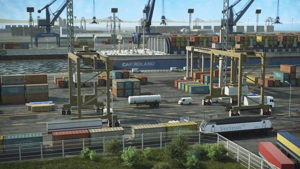 Blick auf einen computergenerierten, belebten Containerhafen mit Kränen, Containern und dem Schiff „Cap Roland“.