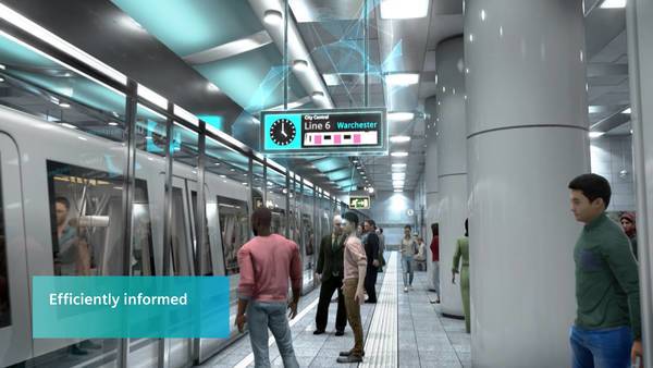  Menschen warten an einer modernen U-Bahn-Station, ein Zug steht an der Haltestelle.