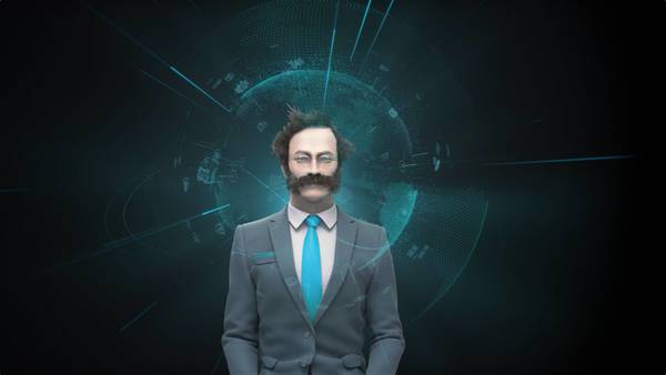 Virtuelle Darstellung eines Mannes im Anzug mit einer petrolfarbenen Krawatte vor einem futuristischem Hintergrund.