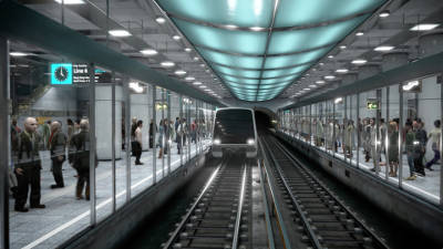 Computegenerierte Aufnahme einer U-Bahnstation. Viele Menschen warten auf einen Zug, der gerade einfährt.