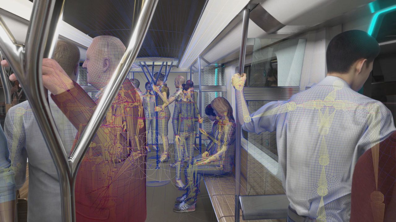 Fahrgäste in einer U-Bahn mit sichtbaren 3D-Strukturen und Rigging-Daten.