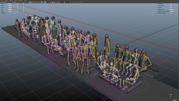 3D-Software zeigt Skelettmodelle sitzender Personen in einer U-Bahn-Szene.
