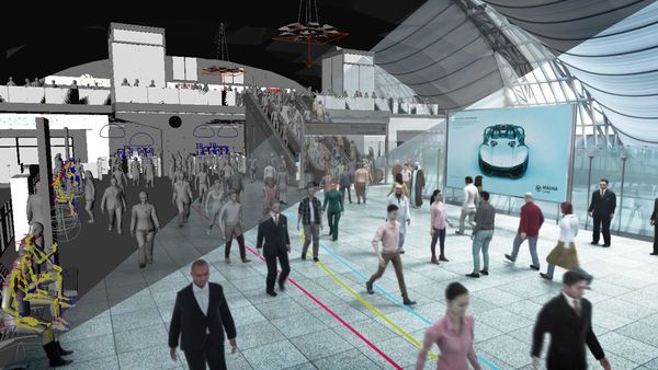 Rendering zeigt Bahnhof mit Menschen, teils als Drahtgittermodell dargestellt.