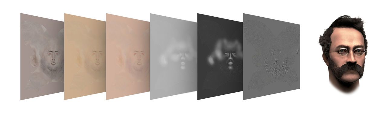 Verschiedene Ebenen der Gesichts-Textur neben dem fertigen 3D-Porträt.