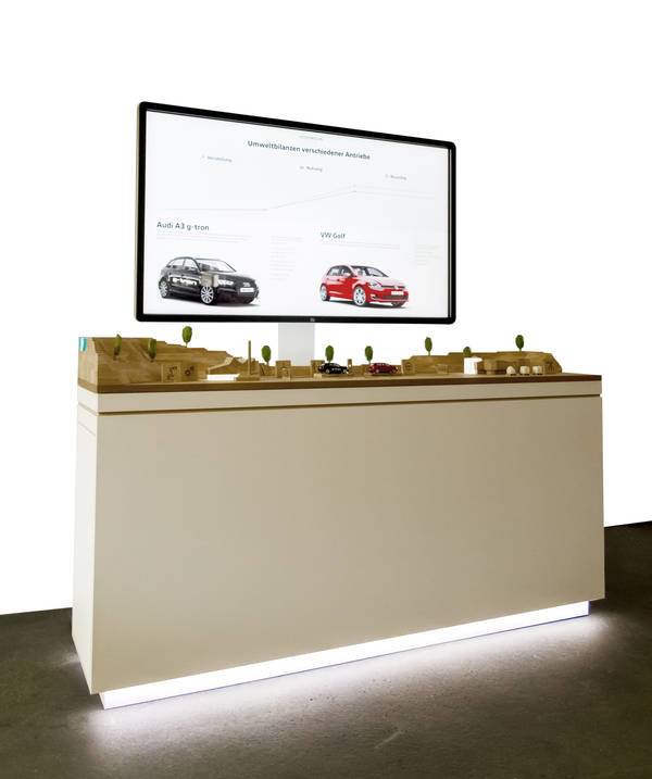 Gesamtdarstellung eines interaktiven Ausstellungstisches mit Bildschirm.