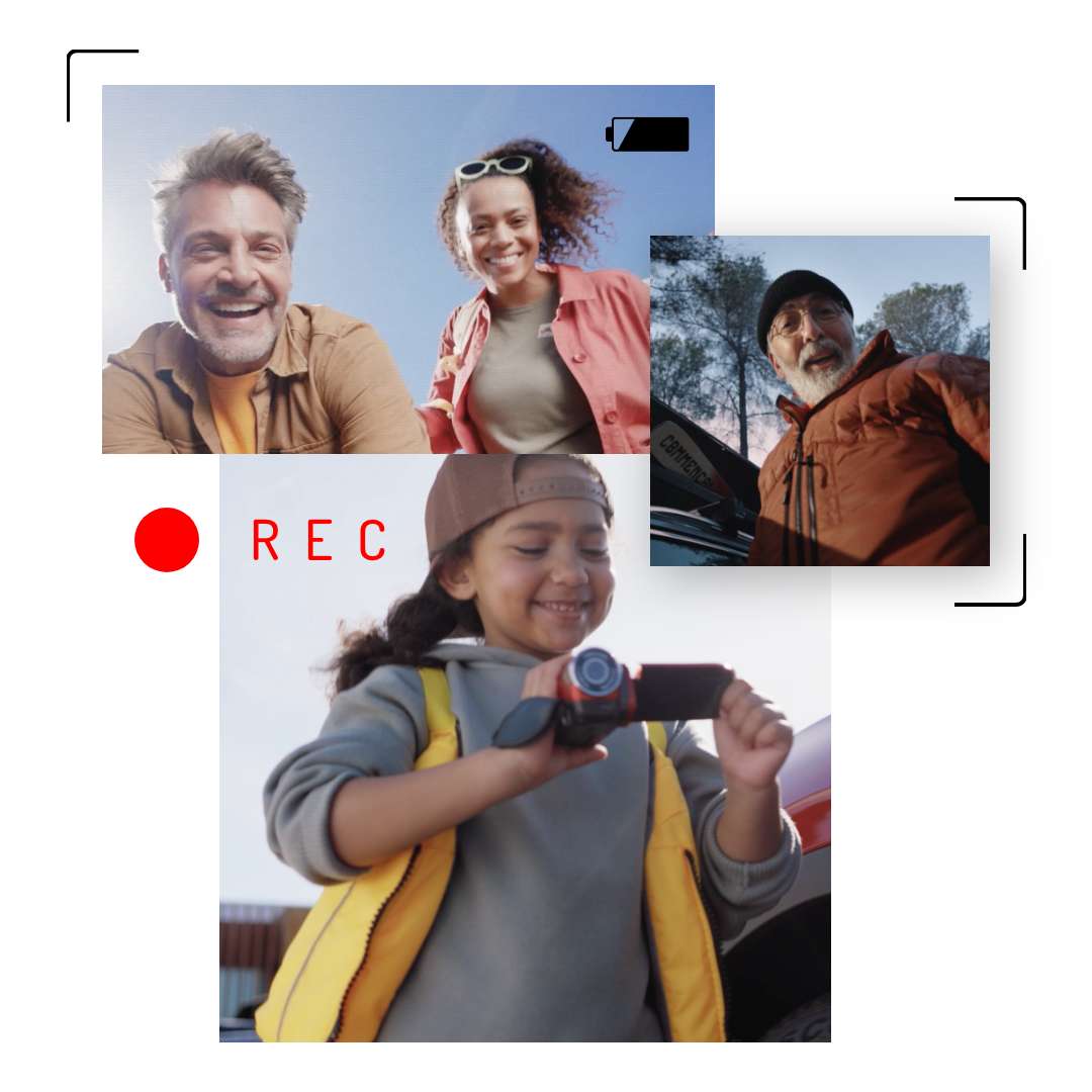 Collage aus drei Szenen, in denen ein Kind mit Camcorder seine Familie filmt. Oben links lachen zwei Erwachsene in die Kamera, oben rechts ein älterer Mann, unten das Kind beim Filmen. Groß eingeblendet: ein roter Punkt und „REC“, stilisiert wie in einer Videoaufnahme.