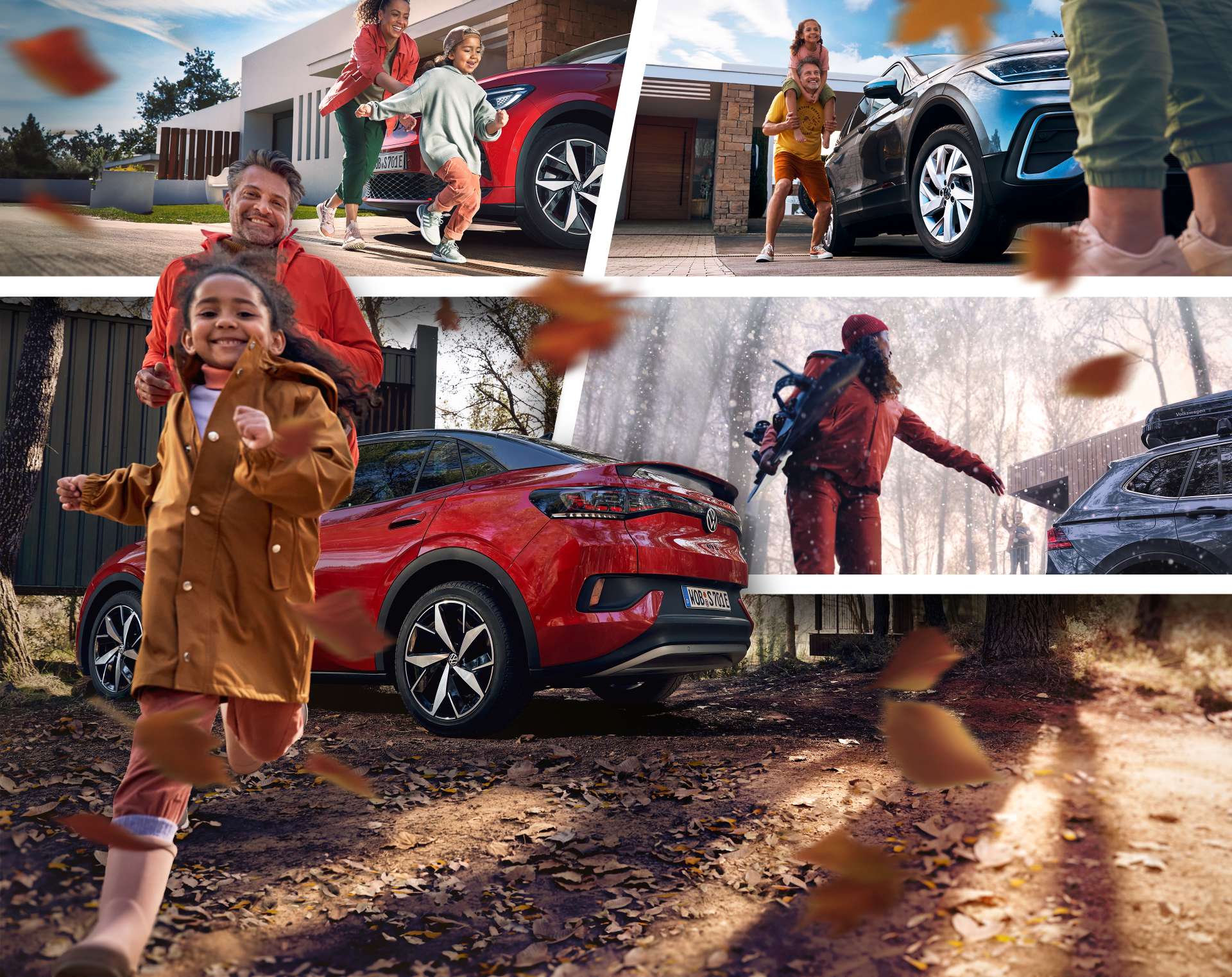 Collage mit Szenen aus dem Familienalltag rund um Volkswagen-Fahrzeuge: Kinder rennen lachend mit ihren Eltern vor einem roten oder schwarzen VW-SUV; ein Kind sitzt auf den Schultern des Vaters; eine Frau räumt Schnee von einem Wagen. Herbstblätter und Winterstimmung symbolisieren unterschiedliche Jahreszeiten.