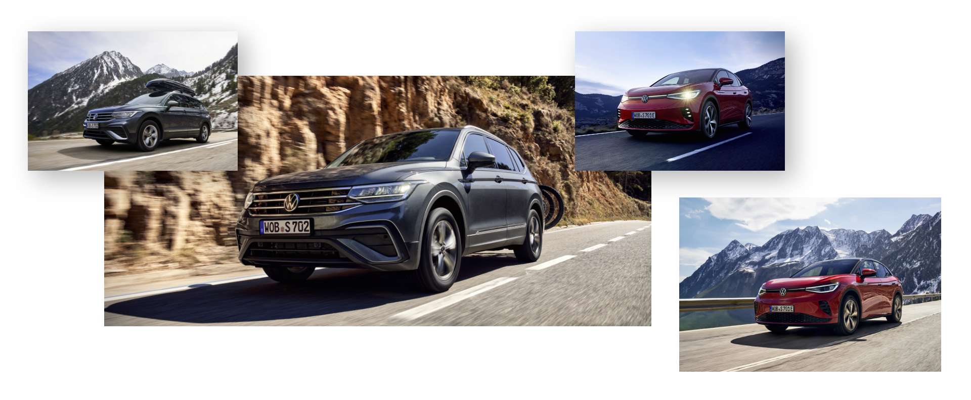 Vier dynamische Fahraufnahmen von Volkswagen-SUVs auf kurvigen Bergstraßen mit alpiner Kulisse. Zwei Modelle sind schwarz, zwei rot, teilweise mit Dachbox ausgestattet. Die Bilder zeigen die Fahrzeuge in Aktion – vor Felswänden oder schneebedeckten Gipfeln.