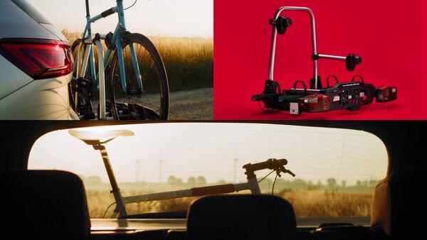Drei Szenen mit Fahrrädern und Trägern: am Auto befestigt, im Kofferraum und auf rotem Hintergrund.
