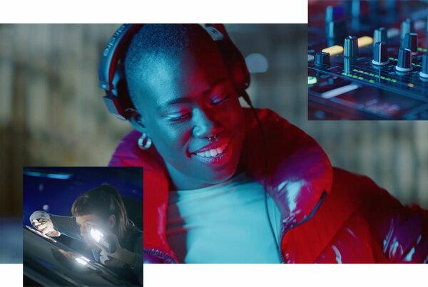 DJ mit Kopfhörern im farbigen Licht, daneben Detail eines Mischpults und eine Frau bei der Autopflege.