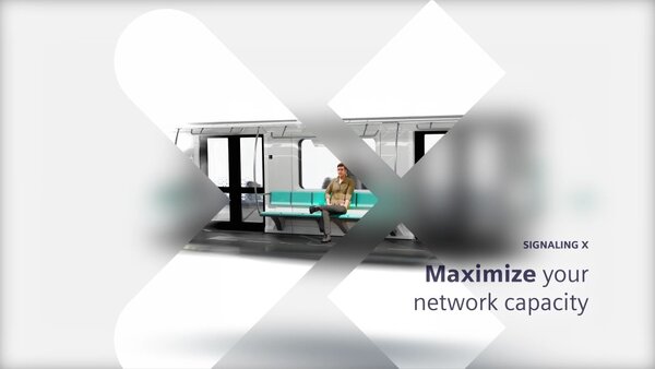  Minimalistische Darstellung eines modernen U-Bahn-Waggons mit einem sitzenden Mann. Im Vordergrund sind stilisierte X-Formen eingeblendet. Rechts im Bild steht der Text: „SIGNALING X – Maximize your network capacity“. Die Szene vermittelt technologische Effizienz und Ausbaupotenzial für Verkehrsnetze.