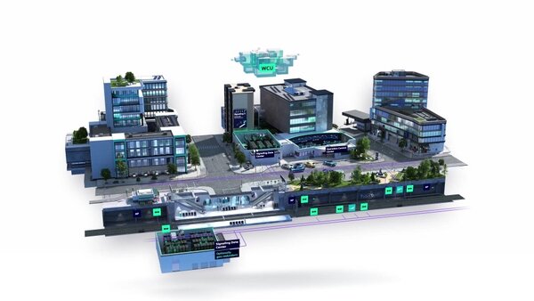 Digitales 3D-Stadtmodell mit modernen Bürogebäuden, urbaner Infrastruktur und unterirdischer Bahnstrecke. Im Vordergrund fährt ein Hochgeschwindigkeitszug, darüber befindet sich eine vernetzte Kontrollplattform. Die Szene visualisiert intelligente, vernetzte Mobilitätslösungen in einer Smart City.