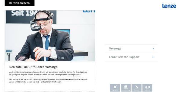 Website-Screenshot: Mann mit Datenbrille demonstriert vorausschauende Wartung auf Messestand.