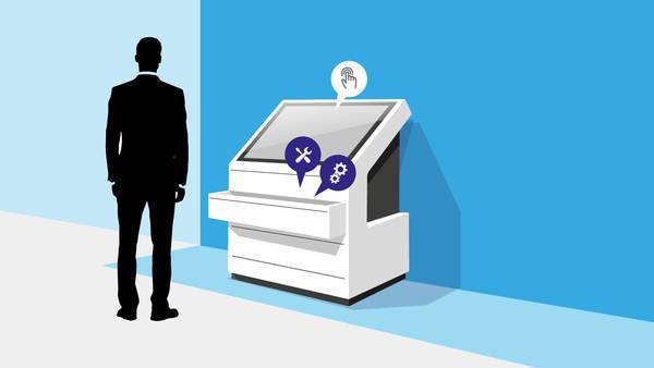 Illustration eines Geschäftsmanns vor interaktivem Infostand mit Symbolen für Werkzeuge und Einstellungen.