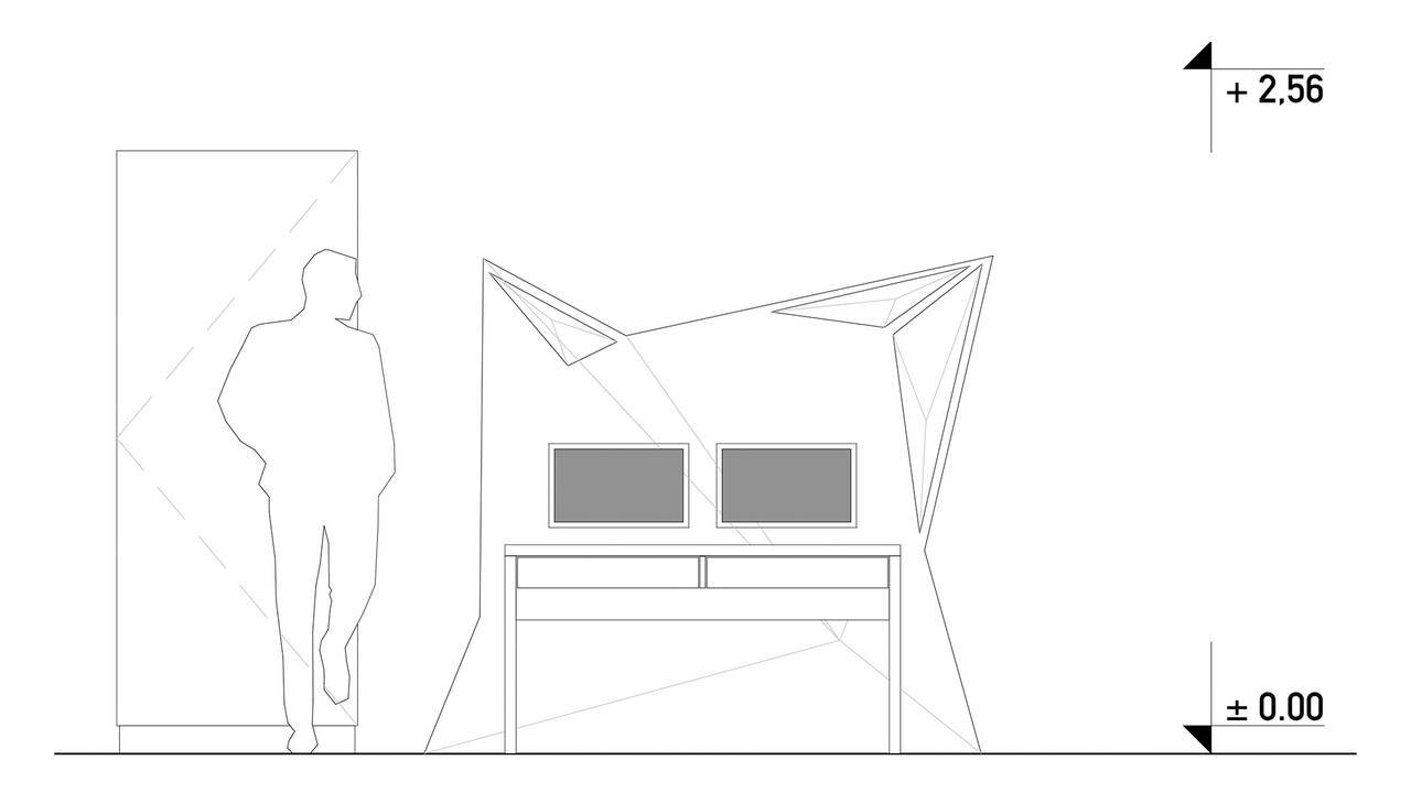 Technische Zeichnung einer polygonalen Präsentationseinheit mit zwei Monitoren und Maßangaben.