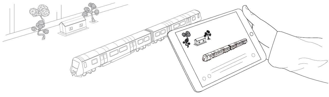 Strichzeichnung eines Zugs mit Bäumen und Haus, ergänzt durch ein Tablet mit identischer digitaler Ansicht.