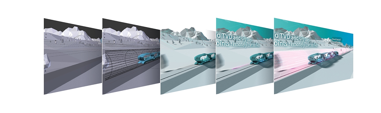 Fünf Phasen einer 3D-Zuganimation: von Drahtgittermodell bis zur finalen Visualisierung.