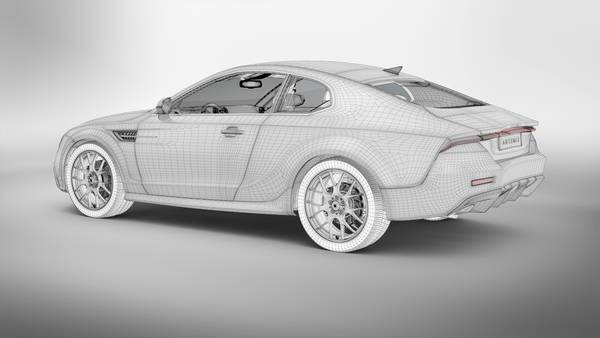 Rückansicht eines vollständig als Drahtmodell dargestellten Fahrzeugs.