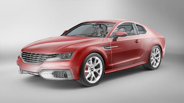 Halb digital gerendertes rotes Fahrzeug, vordere Hälfte zeigt Gitternetz.