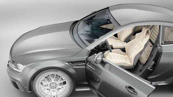 Teilweise geöffnete Tür zeigt den hellen Innenraum eines digital modellierten Fahrzeugs.