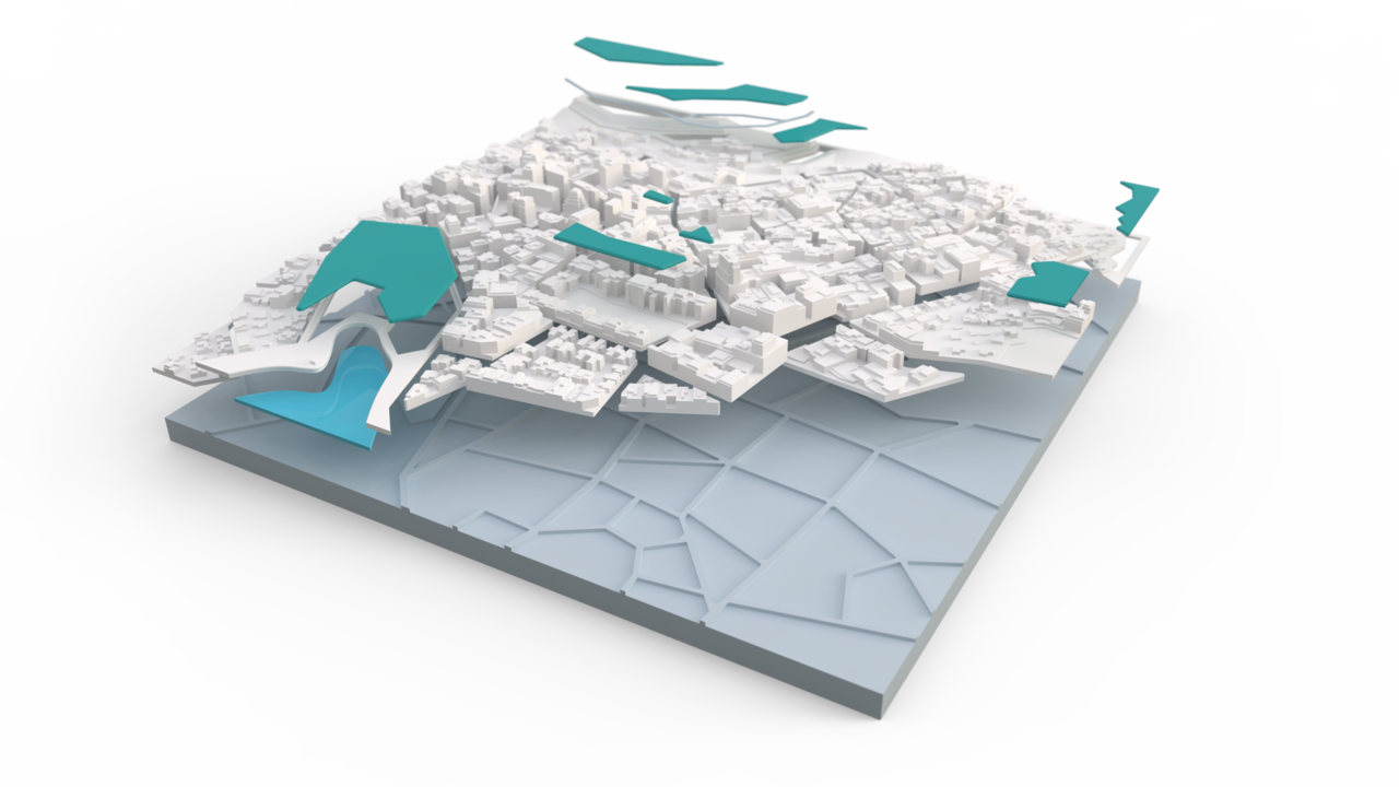 Stilisiertes Stadtmodell mit hervorgehobenen Stadtbereichen und geschichteter Topografie.