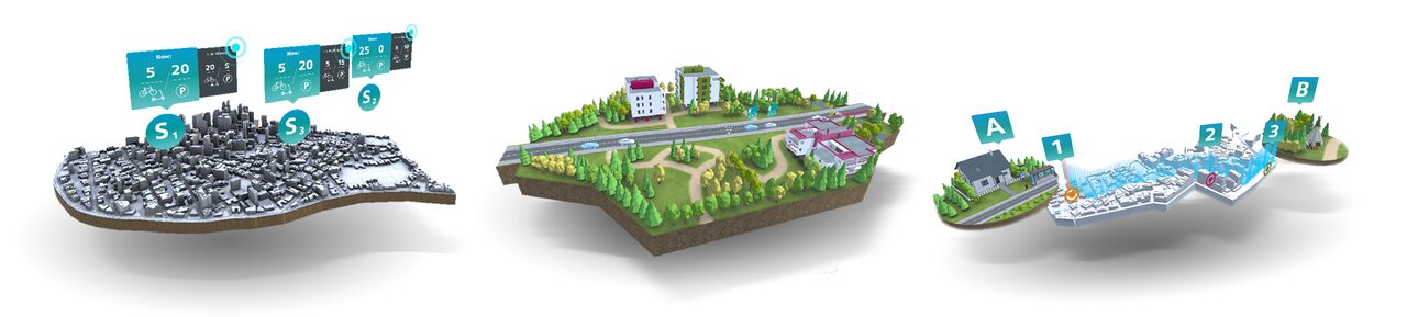 Drei stilisierte 3D-Modelle unterschiedlicher Stadt- und Landschaftstypen nebeneinander: urbane Zone mit Datensymbolen, Vorstadt mit Park und Wohngebieten, sowie ein Bereich mit Beschriftungspunkten wie A, B, 1–3.
