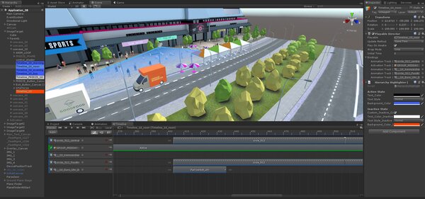 3D-Stadtmodell in Unity mit animiertem orangenem Lieferwagen, Bäumen und erkannten Parkzonen.