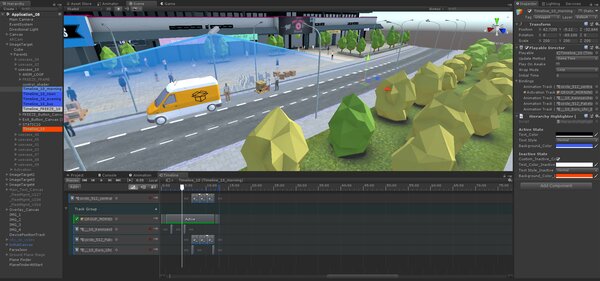 Gelber Lieferwagen in Unity-Szene, parkt nahe blauen Ladezonen, animierte Personen interagieren.