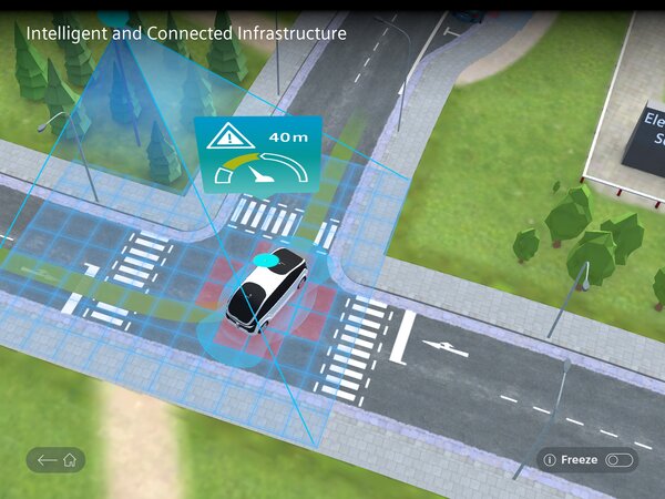 Autonomes Fahrzeug erhält Hinweise zur Kurve und Verkehrslage an Fußgängerüberweg.