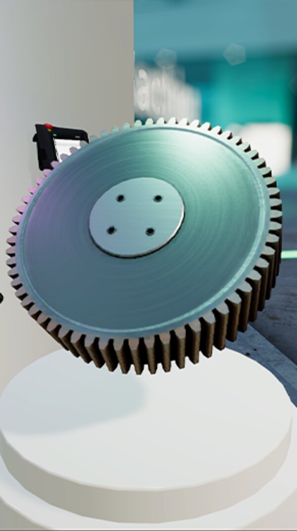 Digitale 3D-Visualisierung eines Zahnrads mit Schraubenlöchern, schwebend über einem weißen Sockel in einer virtuellen Umgebung.