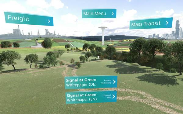 Virtuelle Landschaft mit Menü-Buttons für „Freight“, „Main Menu“, „Mass Transit“ und Whitepaper-Links.