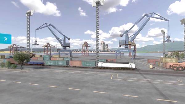 Hafen mit Kränen, Containern und einem wartenden Zug.