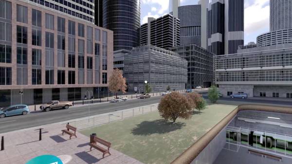 Moderne Innenstadt mit Bürogebäuden, Autos und einer Parkfläche.